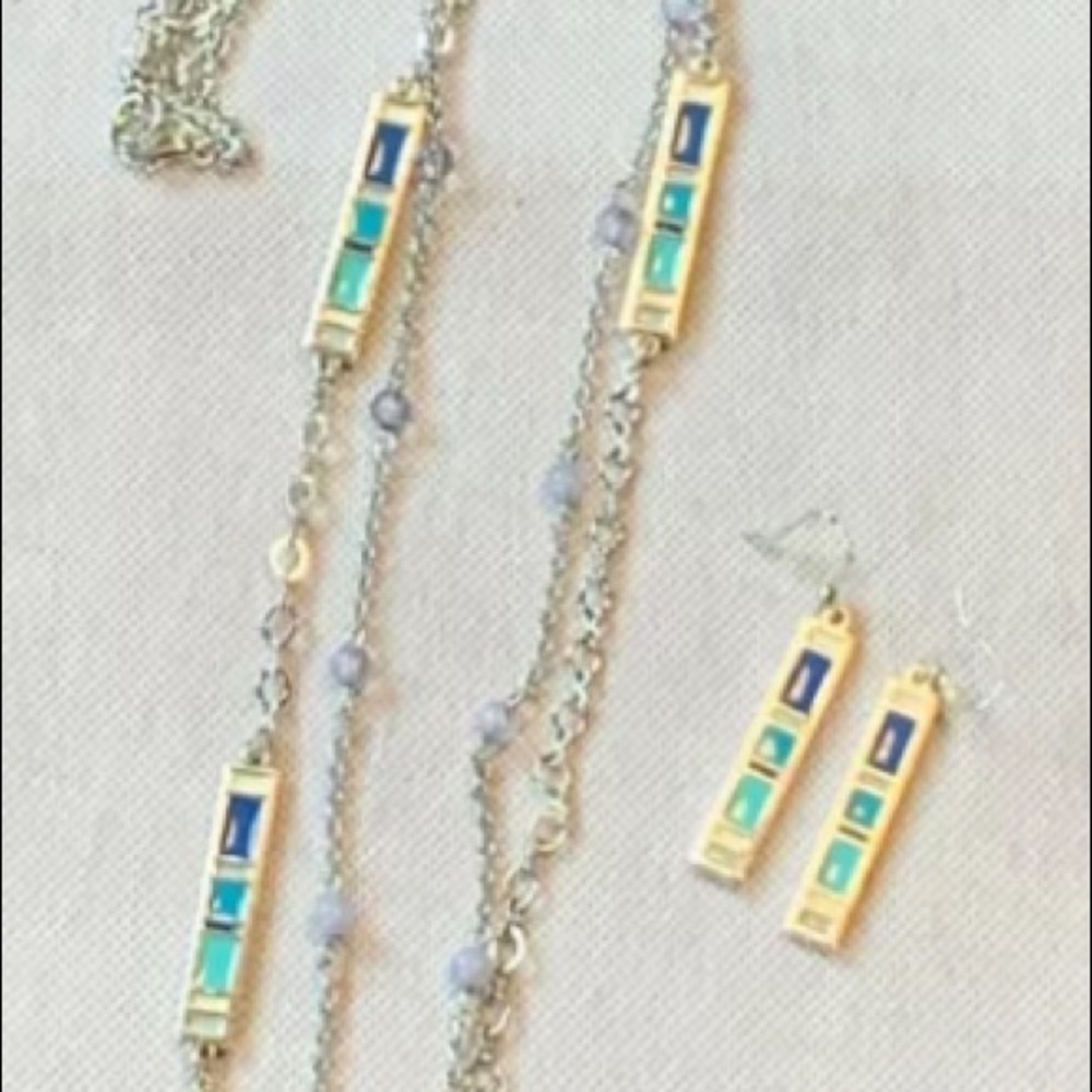 Double Chain Enamel Silver Necklace & Earrings